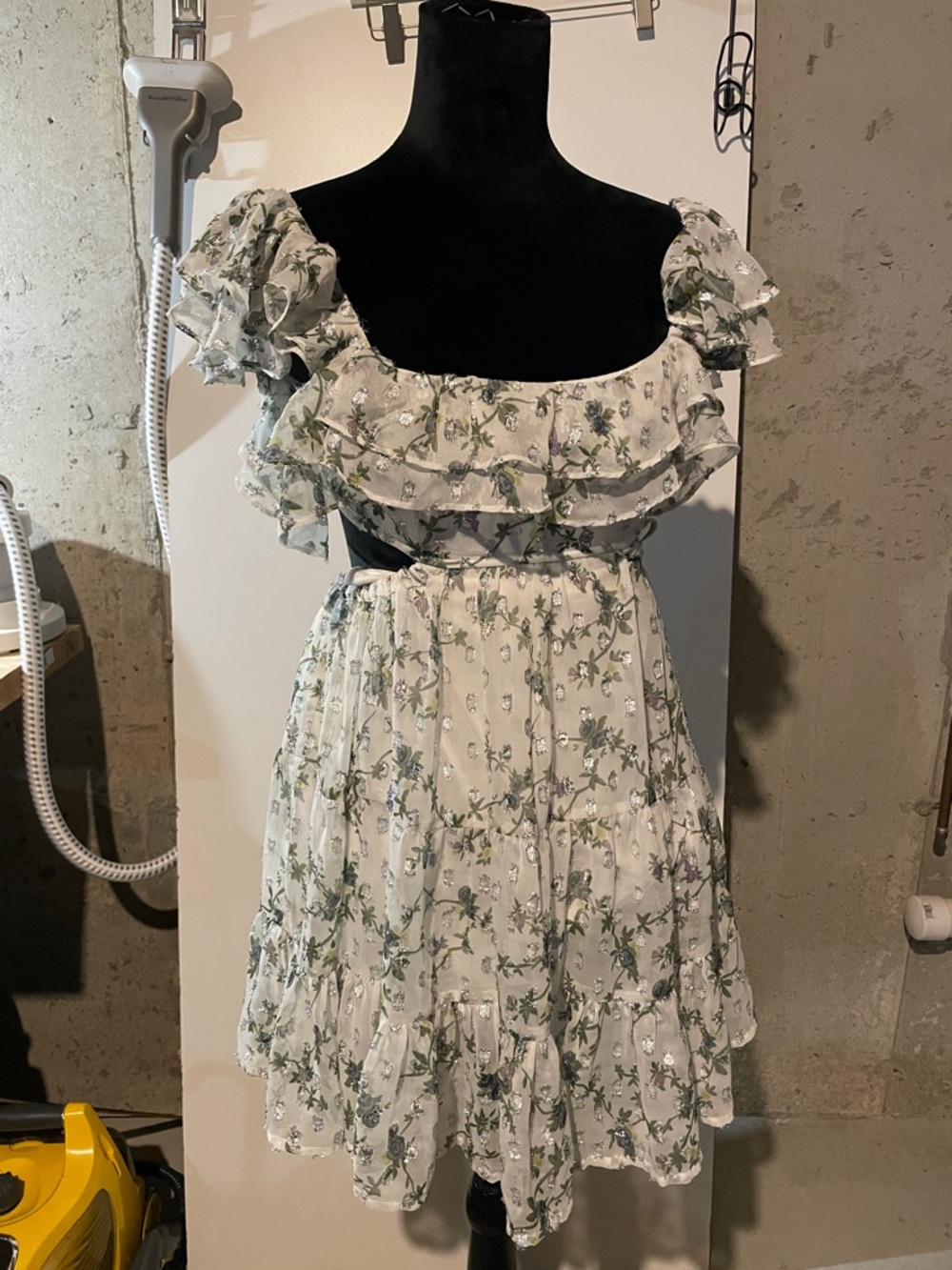 ASOS White Floral Midi Dress with Green Print